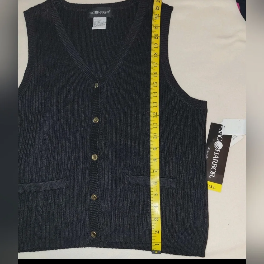 Vtg Sag Harbor Black Button Up Cable Sweater Vest Small Gold Button Academia